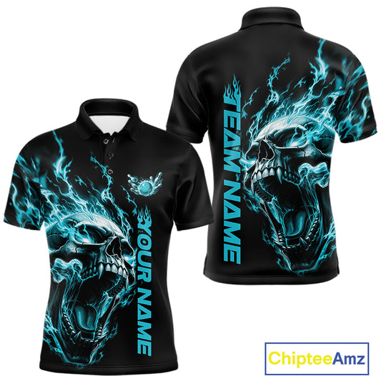 Product mockup showing a black short-sleeve bowling shirt with glowing cyan blue flames, a large skull design, and customizable name and team text.