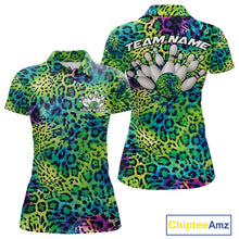 Load image into Gallery viewer, Front and back views of a womens gold, brown, and black leopard-print bowling polo with chest name text, bowling pins, and team name on the back.