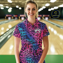 Load image into Gallery viewer, Smiling woman in a bowling alley wearing a gold, brown, and black leopard-print bowling polo with a small bowling pins graphic and “Your Name” on the chest.