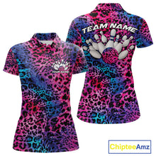Load image into Gallery viewer, Front and back views of a womens gold, brown, and black leopard-print bowling polo with chest name text, bowling pins, and team name on the back.