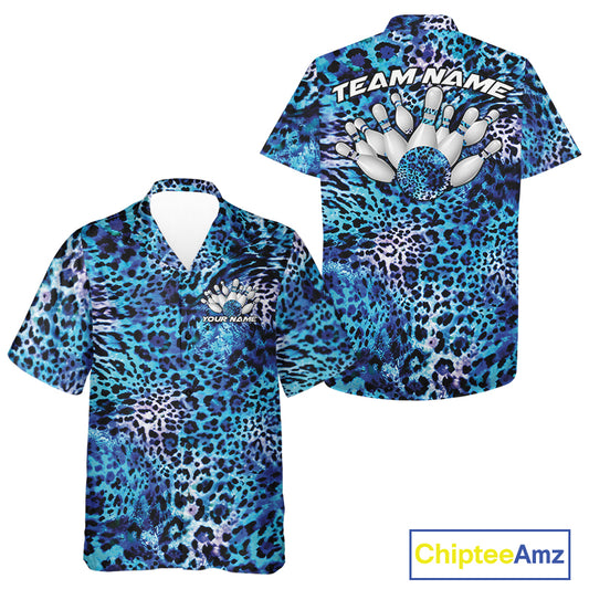 A blue, teal, and black leopard pattern bowling up shirt displayed in front and back views, featuring personalized bowling team designs.