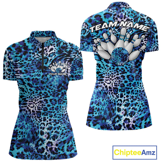Front and back views of a womens blue, teal, and black leopard-print bowling quarter zip collar, chest name text, and team name on the back.
