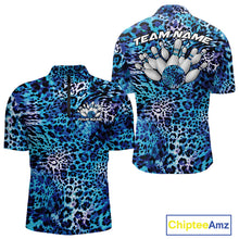 Load image into Gallery viewer, Front and back views of a mens blue, teal, and black leopard-print bowling quarter zip collar, chest name text, and team name on the back.
