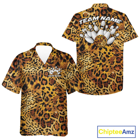 A yellow, brown, and black leopard pattern bowling up shirt displayed in front and back views, featuring personalized bowling team designs.