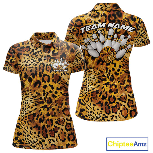 Front and back views of a womens gold, brown, and black leopard-print bowling polo with chest name text, bowling pins, and team name on the back.
