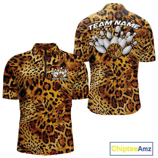 Leopard print mens bowling quarter zip shirt with customizable team name and bowling pins graphic on the back
