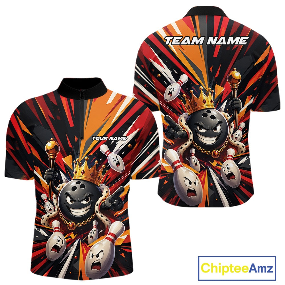 Front and back views of a men's bowling quarter-zip shirt mockup showcasing a crowned cartoon bowling ball holding a royal scepter alongside animated bowling pins with vibrant radiating color bursts in black, red, and orange.