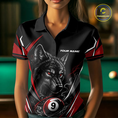 Custom Black And Red Smoke Flame 9 Ball And Wolf Billiards Women Polo Shirt, Pool Shirt IPHW11676