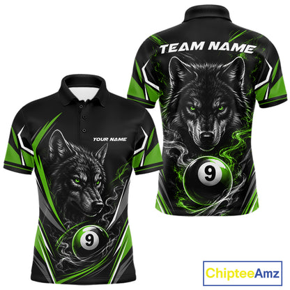 Custom Black And Green Smoke Flame 9 Ball And Wolf Billiards Men Polo Shirt, Pool Shirt IPHW11678