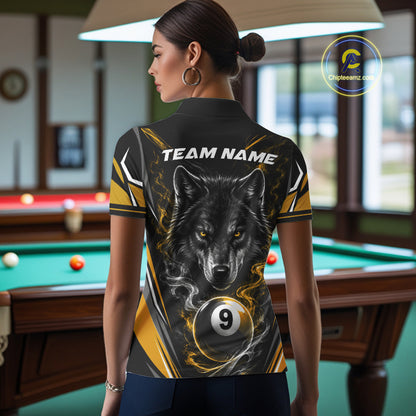Custom Black And Yellow Smoke Flame 9 Ball And Wolf Billiards Women Polo Shirt, Pool Shirt IPHW11679