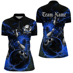 Black And Blue Thunder Lightning Custom Ladies Bowling Shirts, Bowling Uniform Bowling Team IPHW7262