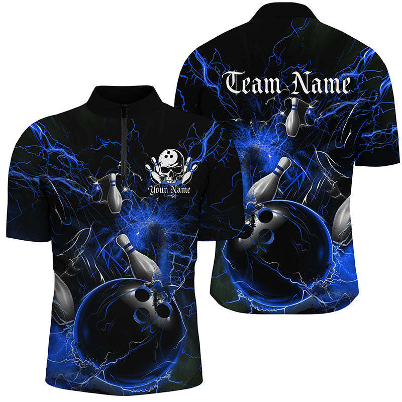 Black And Blue Thunder Lightning Custom Bowling Shirts For Men, Bowling Uniform For Bowling Team IPHW7262