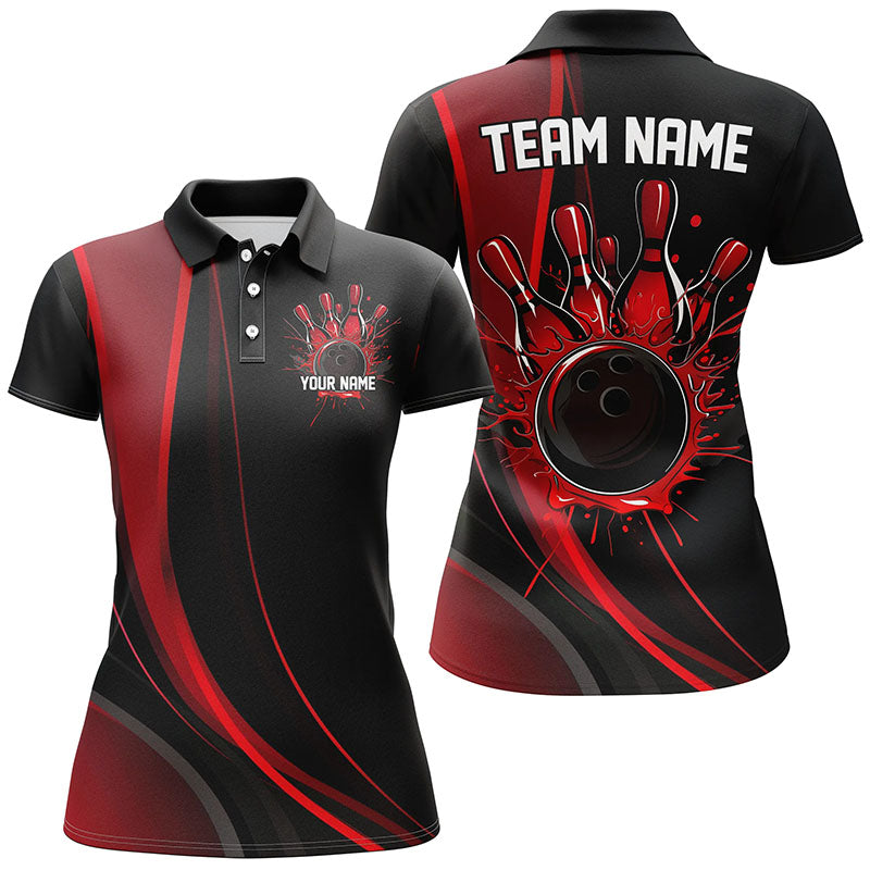 Custom Black And Red Ladies Bowling Shirts, Classic Bowling Uniform Bowling League Shirts IPHW7267