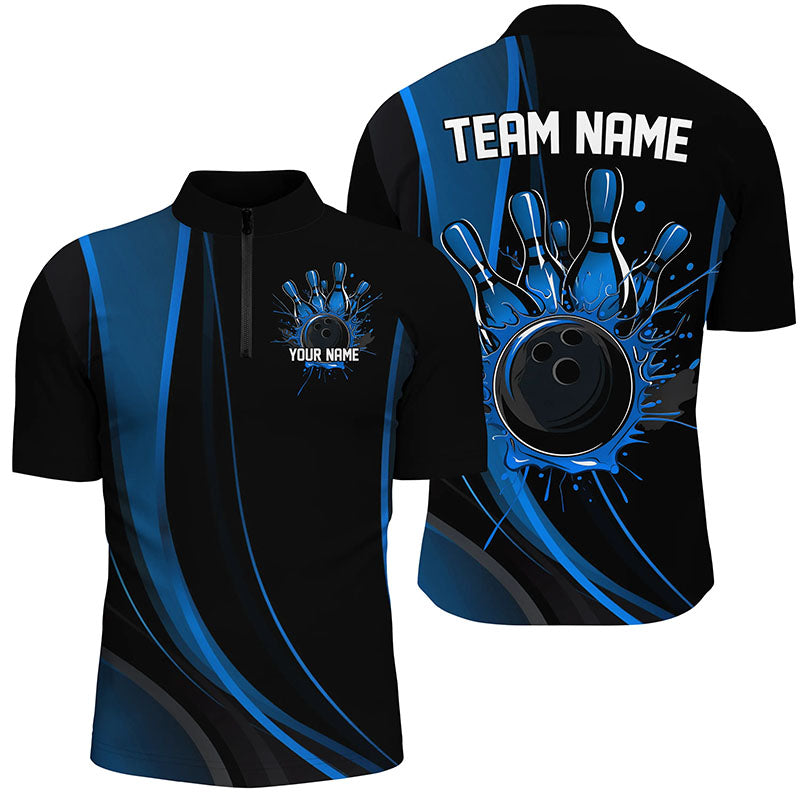 Custom Black And Blue Bowling Team Shirts For Men, Classic Bowling Uniform Bowling League Shirts IPHW7268
