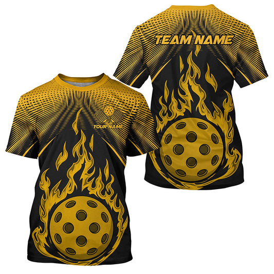 Black And Yellow Fire Pickleball Ball Custom Flame Pickleball T-Shirts For Men, Pickleball Tournament Shirts IPHW7789