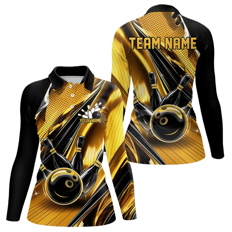 Custom Black And Gold Bowling Jerseys For Women, Bowling Team Long Sleeve Polo Shirts IPHW8016