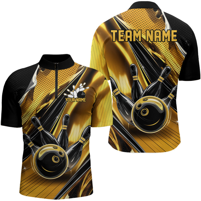 Custom Black And Gold Bowling Jerseys For Men, Bowling Team Quarter-Zip Shirts With Name IPHW8016