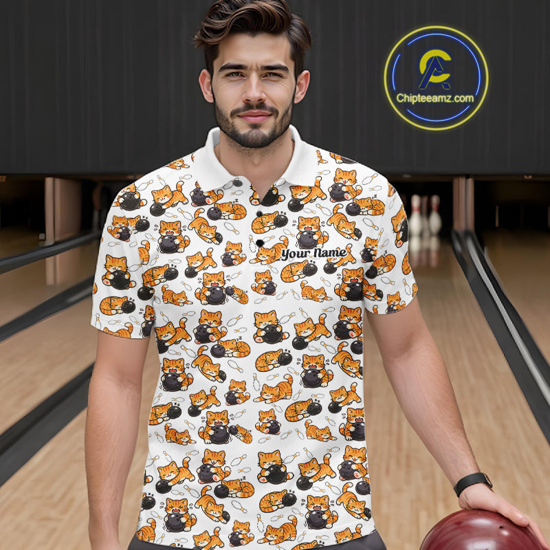 Custom Cute Ginger Tabby Cat Bowling Men Polo Shirts, Cat Bowling Team Shirt IPHW10303