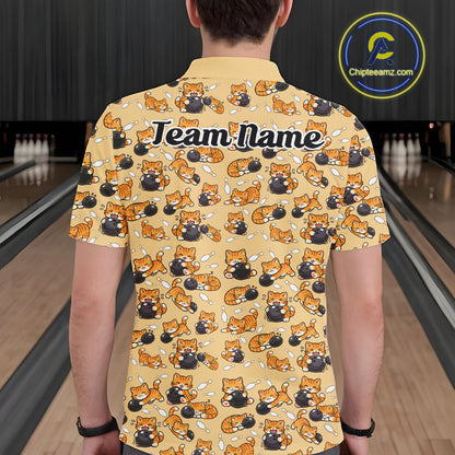 Custom Cute Ginger Tabby Cat Bowling Men Polo Shirts, Cat Bowling Team Shirt IPHW10306