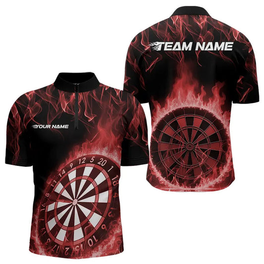 Custom Black And Red Fire Flame Dartboard Dart Quarter-Zip Shirts For Men, Dart Tournament Shirt IPHW8494