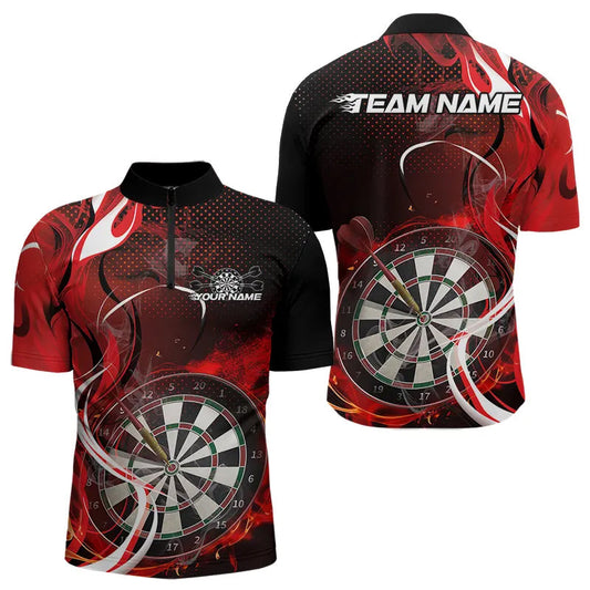 Custom Black And Red Flame Dart Team Quarter-Zip Shirts For Men, Dart Tournament Shirts IPHW8502
