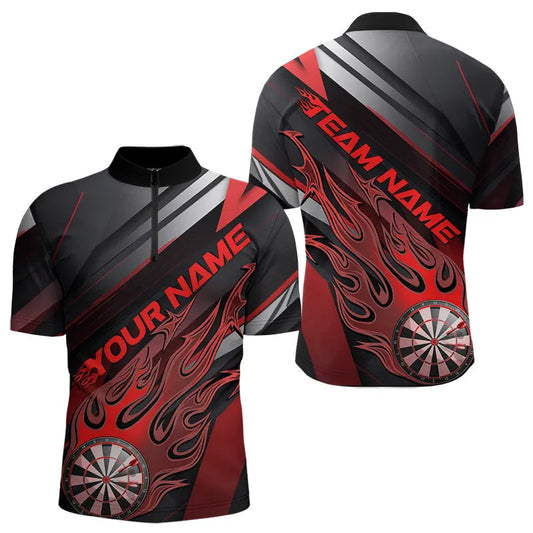 Custom Black And Red Flame Dartboard Dart Team Quarter-Zip Shirts For Men, Fire Dart Jerseys IPHW8505