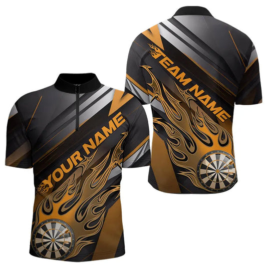 Custom Black And Yellow Flame Dartboard Dart Team Quarter-Zip Shirts For Men, Fire Dart Jerseys IPHW8508