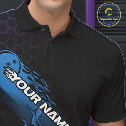 Custom Black And Blue Flame Bowling Team Shirts, Bowling League Shirt Men Bowling Jersey IPHW10575