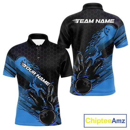Custom Black And Blue Flame Bowling Team Shirts, Bowling League Shirt Men Bowling Jersey IPHW10575