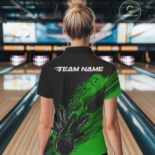 Custom Black And Green Flame Bowling Team Shirts, Bowling League Shirt Women Bowling Jersey IPHW10578