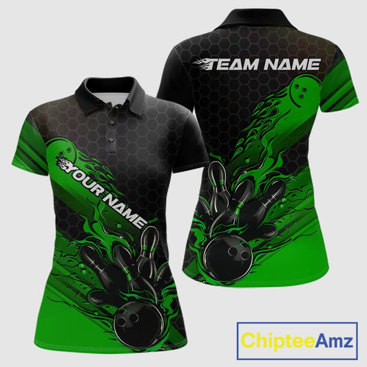 Custom Black And Green Flame Bowling Team Shirts, Bowling League Shirt Women Bowling Jersey IPHW10578
