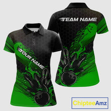 Load image into Gallery viewer, Custom Black And Green Flame Bowling Team Shirts, Bowling League Shirt Women Bowling Jersey IPHW10578