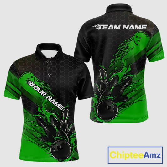Custom Black And Green Flame Bowling Team Shirts, Bowling League Shirt Men Bowling Jersey IPHW10578