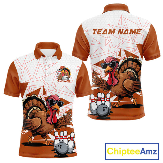 White And Orange Custom Funny Turkey Bowling Men Shirt, Bowling League Team Shirt IPHW10807