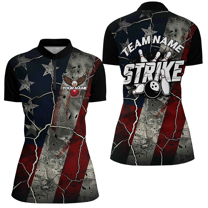 Grunge American Flag Patriotic Strike Custom Bowling Team Shirts For Women, Eagle Bowling IPHW6693