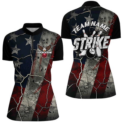 Grunge American Flag Patriotic Strike Custom Bowling Team Shirts For Women, Eagle Bowling IPHW6693