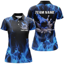 Load image into Gallery viewer, Blue Fire Bowling Ball And Pins Custom Shirts For Women, Flame Bowling Team Jerseys IPHW6700