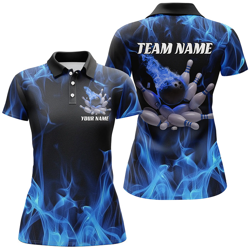 Blue Fire Bowling Ball And Pins Custom Shirts For Women, Flame Bowling Team Jerseys IPHW6700