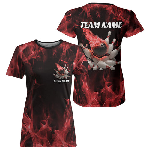 Custom Black And Red Fire Flame Bowling T-Shirts For Women, Fiery Bowling Jerseys IPHW6701