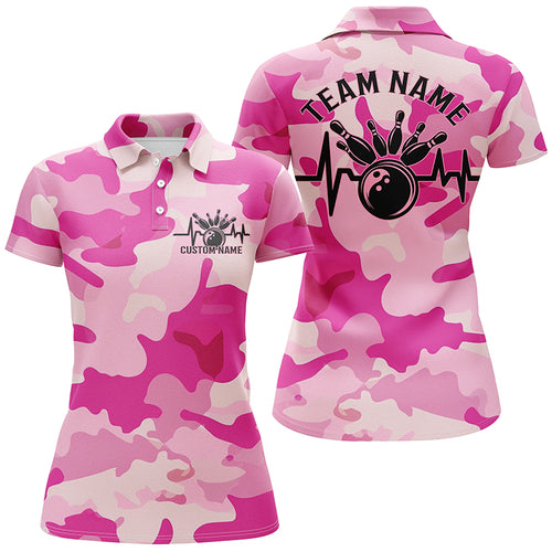 Bowling Heartbeat Pulse Line Blue Pink Camo Custom Bowling Team Shirts For Women IPHW6703