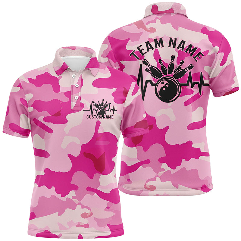 Bowling Heartbeat Pulse Line Blue Pink Camo Custom Bowling Team Shirts For Men And Women IPHW6703
