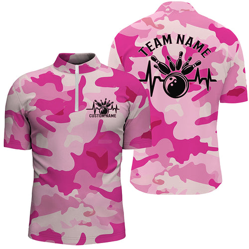Bowling Heartbeat Pulse Line Blue Pink Camo Custom Bowling Team Shirts For Men And Women IPHW6703