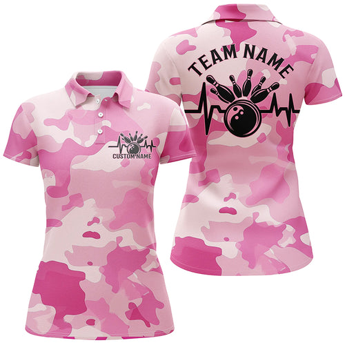 Bowling Heartbeat Pulse Line Blue Pink Camo Custom Bowling Team Shirts For Women IPHW6704