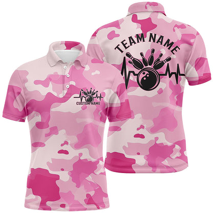 Bowling Heartbeat Pulse Line Blue Pink Camo Custom Bowling Team Shirts For Men And Women IPHW6704