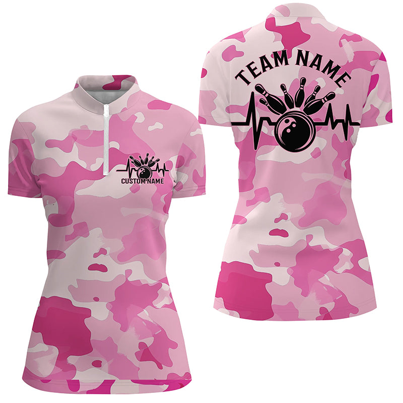 Bowling Heartbeat Pulse Line Blue Pink Camo Custom Bowling Team Shirts For Women IPHW6704