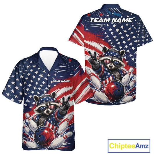 Front and back view of a button-up bowling shirt mockup featuring a patriotic raccoon flashing a peace sign with a red, white, and blue bowling ball crashing through pins beneath a flowing American flag.