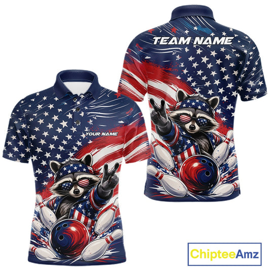 Front and back views of a men's bowling polo shirt mockup featuring a patriotic raccoon flashing a peace sign as a red, white, and blue bowling ball crashes through falling pins with a flowing American flag backdrop.