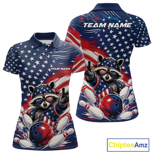 Front and back view of a women's bowling polo shirt mockup showcasing a patriotic raccoon flashing a peace sign with a red, white, and blue bowling ball striking pins beneath a flowing American flag.