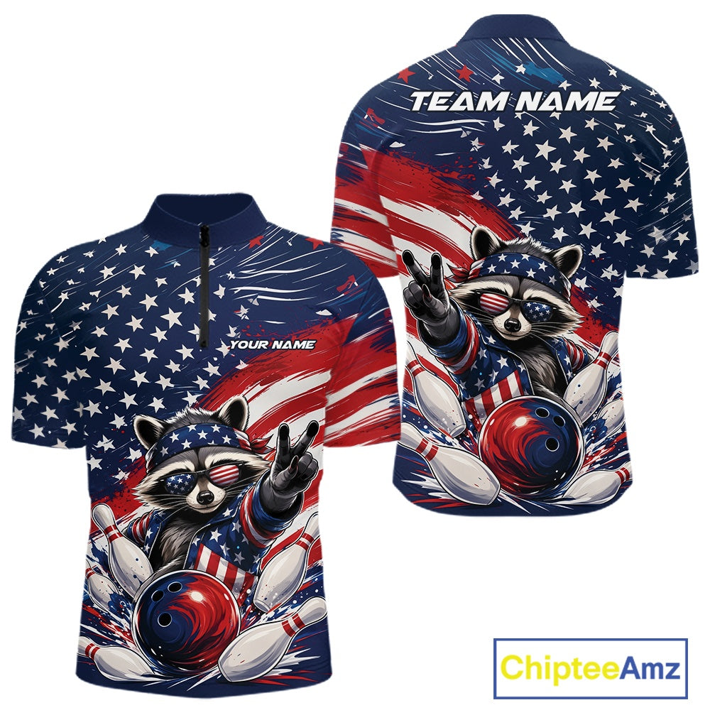 Front and back view of a men's bowling quarter zip shirt mockup featuring a patriotic raccoon, a red, white, and blue bowling ball knocking down pins, and a flowing American flag design.