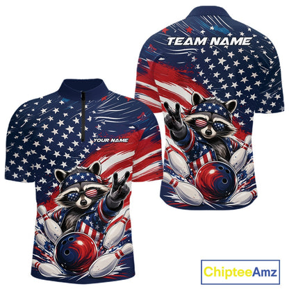 Front and back view of a men's bowling quarter zip shirt mockup featuring a patriotic raccoon, a red, white, and blue bowling ball knocking down pins, and a flowing American flag design.
